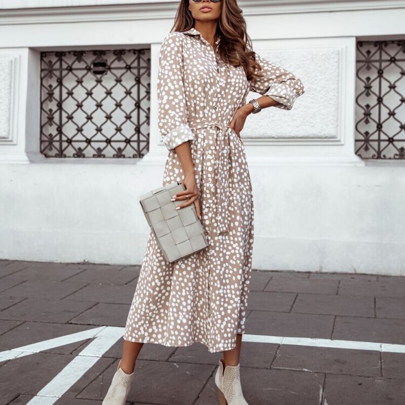 2022 Y2K Spring Autumn Women&#39;s Elegant Dress Fashion V-Neck Polka Dot Print Three-Quarter Sleeve Lace-Up Slit Midi Dress Vestido - Executive-Skincare