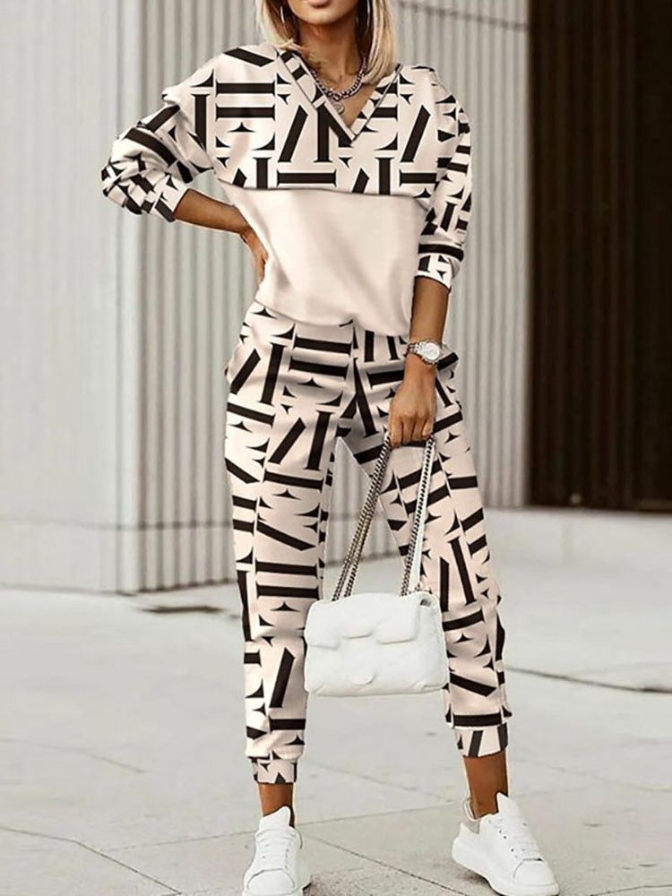 Hooded Long Sleeve Spring Autumn Pants Suit Women Print Tops Loose Pants Two Piece Set Vintage Patchwork Pockets Office Lady Set - Executive-Skincare