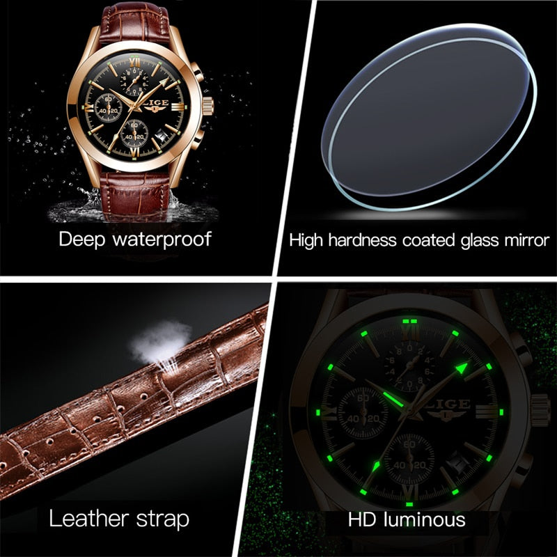 2022 LIGE New Fashion Mens Watches Top Brand Luxury Military Quartz Watch Premium Leather Waterproof Sport Chronograph Watch Men - Executive-Skincare