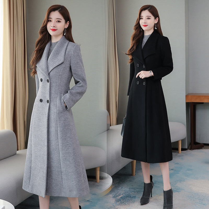 High Quality Winter Cashmere Long Coat Vintage 2022 Autumn Plus Size Warm Thicken Woolen Coat Black Jacket Women Party Outwears - Executive-Skincare