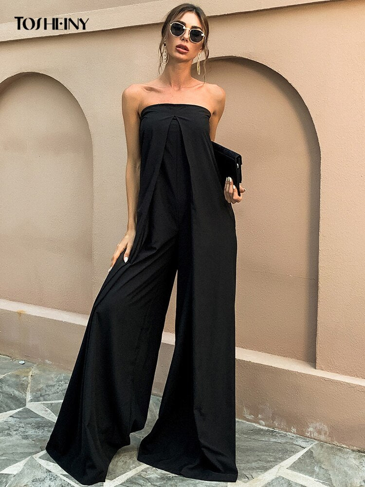 Tosheiny New 2022 Women Loose Jumpsuit Sleeveless Casual Bodysuit Ladies Romper Solid Color Long Jumpsuit Black Red FT18843 - Executive Quality Store