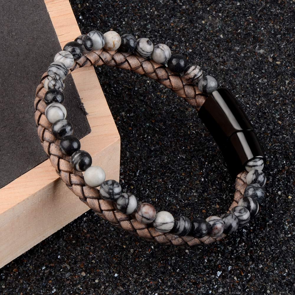 Natural Stone Bracelets Genuine Leather Braided Bracelets Black Stainless Steel Magnetic Clasp Tiger eye Bead Bangle Men Jewelry - Executive-Skincare