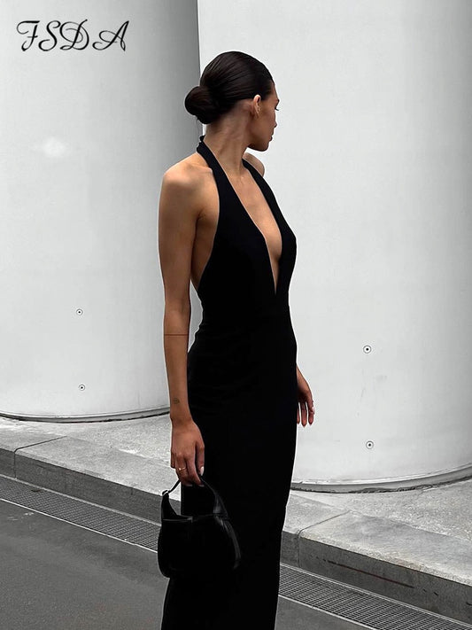 FSDA Black Sexy Bodycon Dress Women Midi Halter Neck Summer Backless Split Elegant Dresses Party Sleeveless 2022 Club - Executive-Skincare