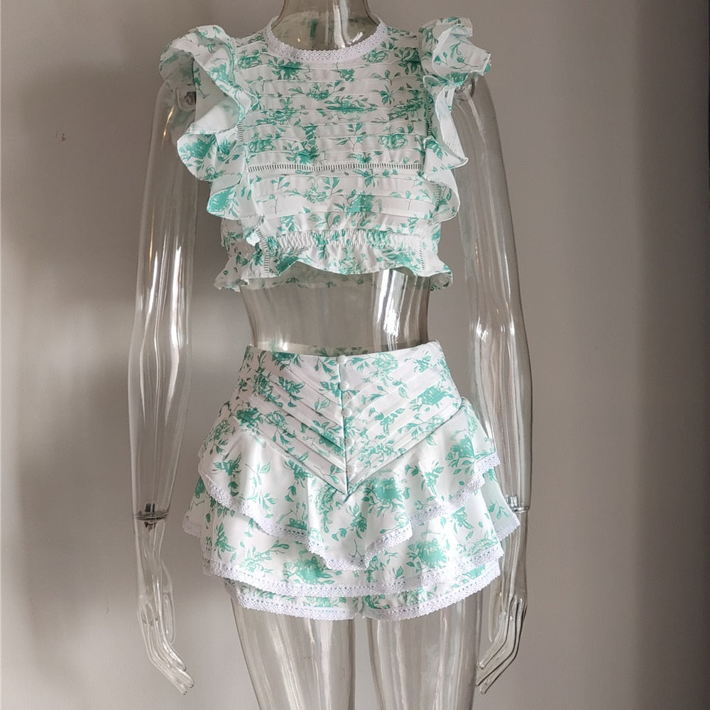 High Quality 2022 Sunday Set elastic waistband Cropped top with ruffle detail and cute ruffle mini shorts skirts - Executive-Skincare