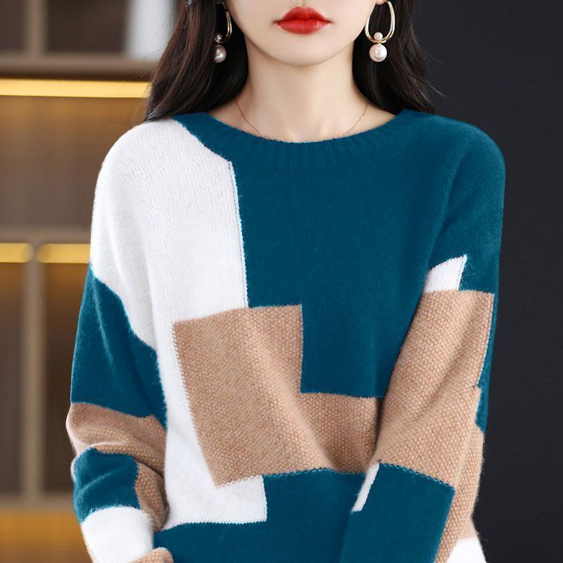 Knitted Blouse Female Pullovers Sweaters 2022 Autumn Winter Undercoat Color Blocking Jumpers Korean Long Sleeve Loose Round Neck - Executive-Skincare