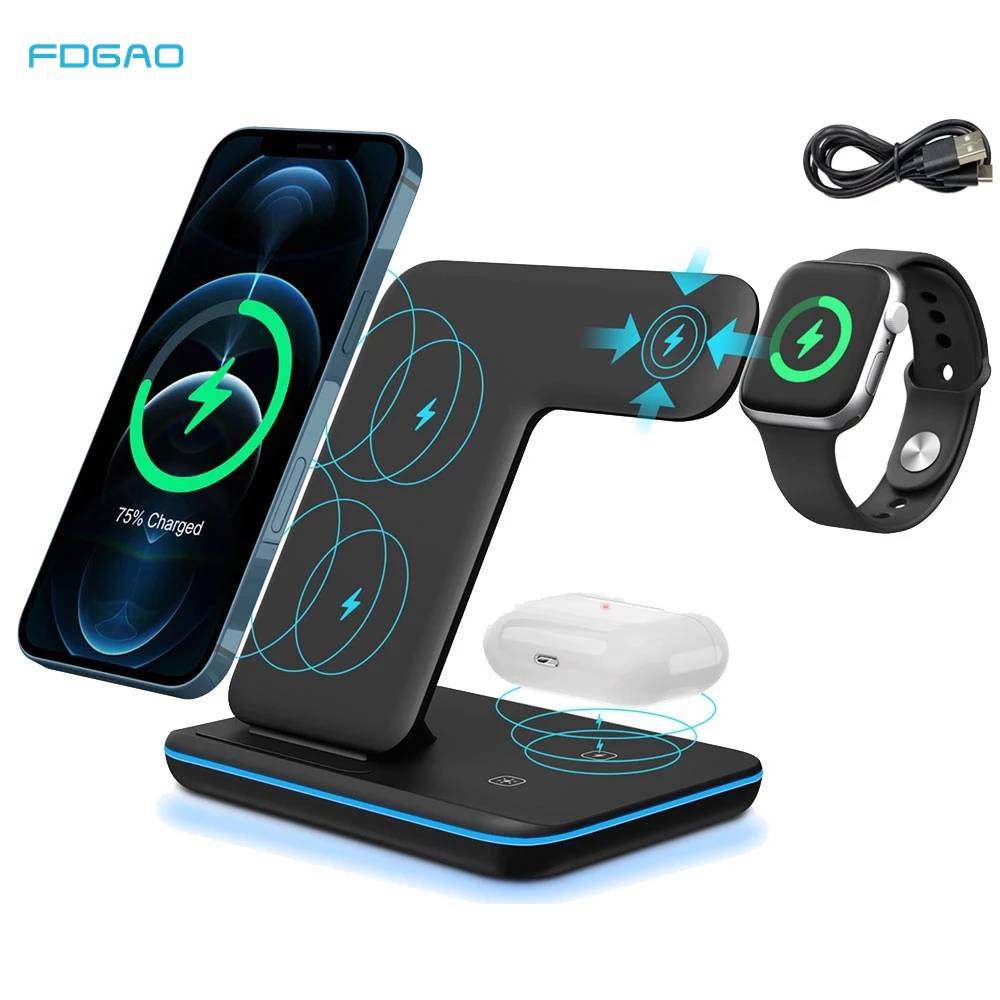 3 in 1 15W Qi Fast Wireless Charger Pad Dock Station For iPhone 14 13 12 11 Pro XS XR X 8 Apple Watch 8 7 SE 6 5 4 AirPods 3 Pro - Executive-Skincare