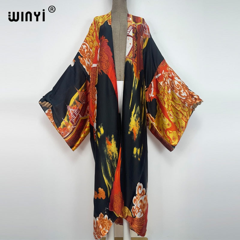 2022 WINYI Summer holiday Beach Wear Cover up sweet lady boho Cardigan stitch colorful sexy Holiday long Sleeve Kimono kaftan - Executive-Skincare