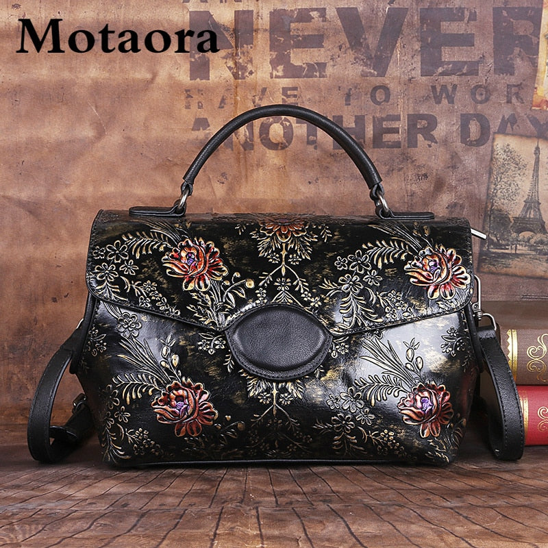 MOTAORA Genuine Leather Vintage Women Shoulder Bag 2022 New Handmade Embossed Cowhide Handbag For Ladies Chinese Style Women Bag - Executive-Skincare