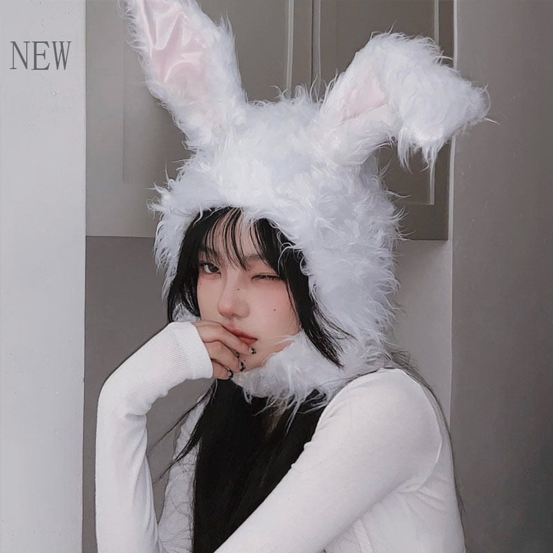 Draping rabbit ears rabbit fur hat women autumn and winter knitted wool hat winter warm Korean version of Japanese hat - Executive-Skincare