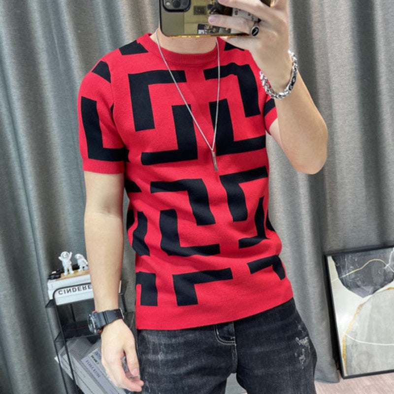 3 Color Short Sleeve Knitting T-Shirt Men Slim Streetwear Color Contrast T Shirt Men Tee Shirt Homme Social Club Outfits Tshirt - Executive-Skincare