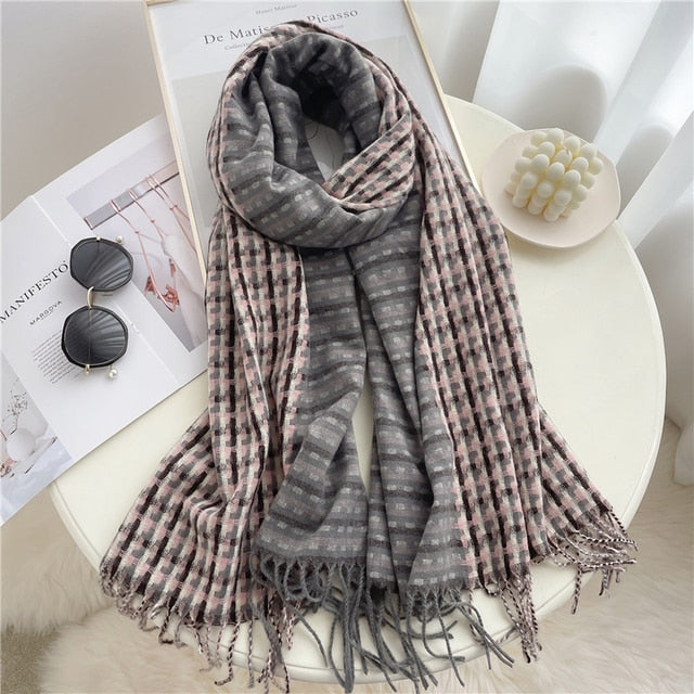 Luxury Plaid Scarf Winter Warm Cashmere Women Long Pashmina Foulard Female Scarves Lady Tassel Shawl Wraps 2022 Design New - Executive-Skincare