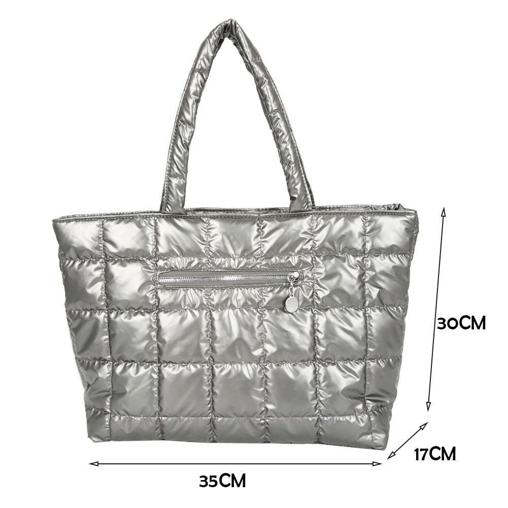 Autumn Winter Nylon Women Large Capacity Handbags Casual Quilted Lattice Shoulder Bags Female Solid Color Shopping Bags Tote - Executive-Skincare