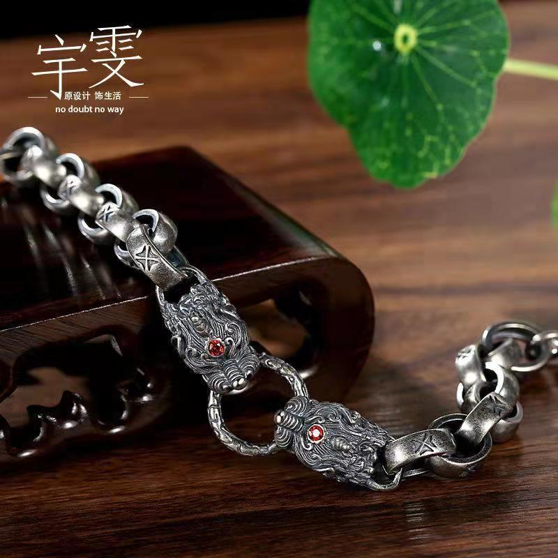 925 sterling silver palace double pixiu bracelet for male handmade retro personality domineering valentine&#39;s day gift for boyfri - Executive-Skincare