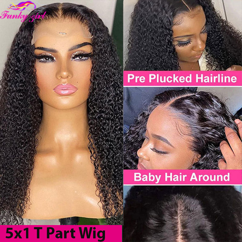 Kinky Curly Human Hair Lace Wig 5x1 T Part Wig Deep Curly Transparent Lace Part Wigs For Women 180% Density Brazilian Remy Hair - Executive-Skincare