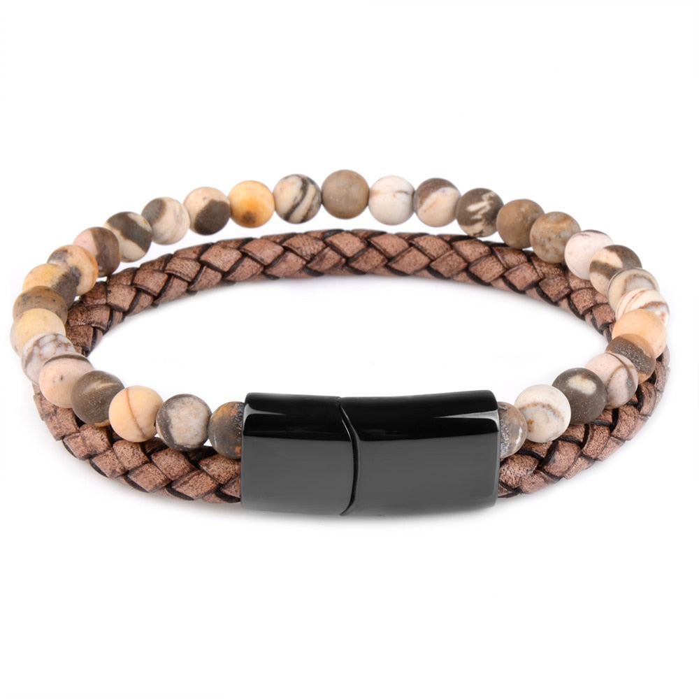 Natural Stone Bracelets Genuine Leather Braided Bracelets Black Stainless Steel Magnetic Clasp Tiger eye Bead Bangle Men Jewelry - Executive-Skincare