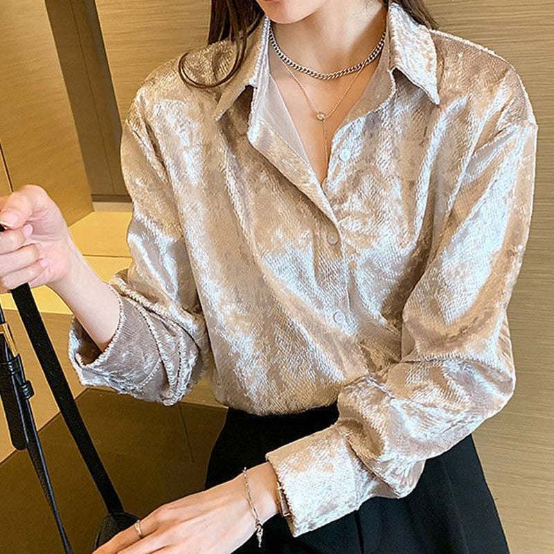 Korean Chic Bright Solid Color Single-breasted Blouse Female Casual Long Sleeve Polo-Neck All-match Shirt Women&#39;s Clothing New - Executive-Skincare