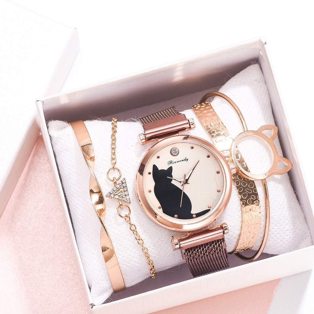 Fashion Watch Set Women 5pcs Quartz Wristwatch Mesh Bracelet Cat Dial Luxury Woman Watch Casual Ladies Clock Relogio Femenino - Executive-Skincare