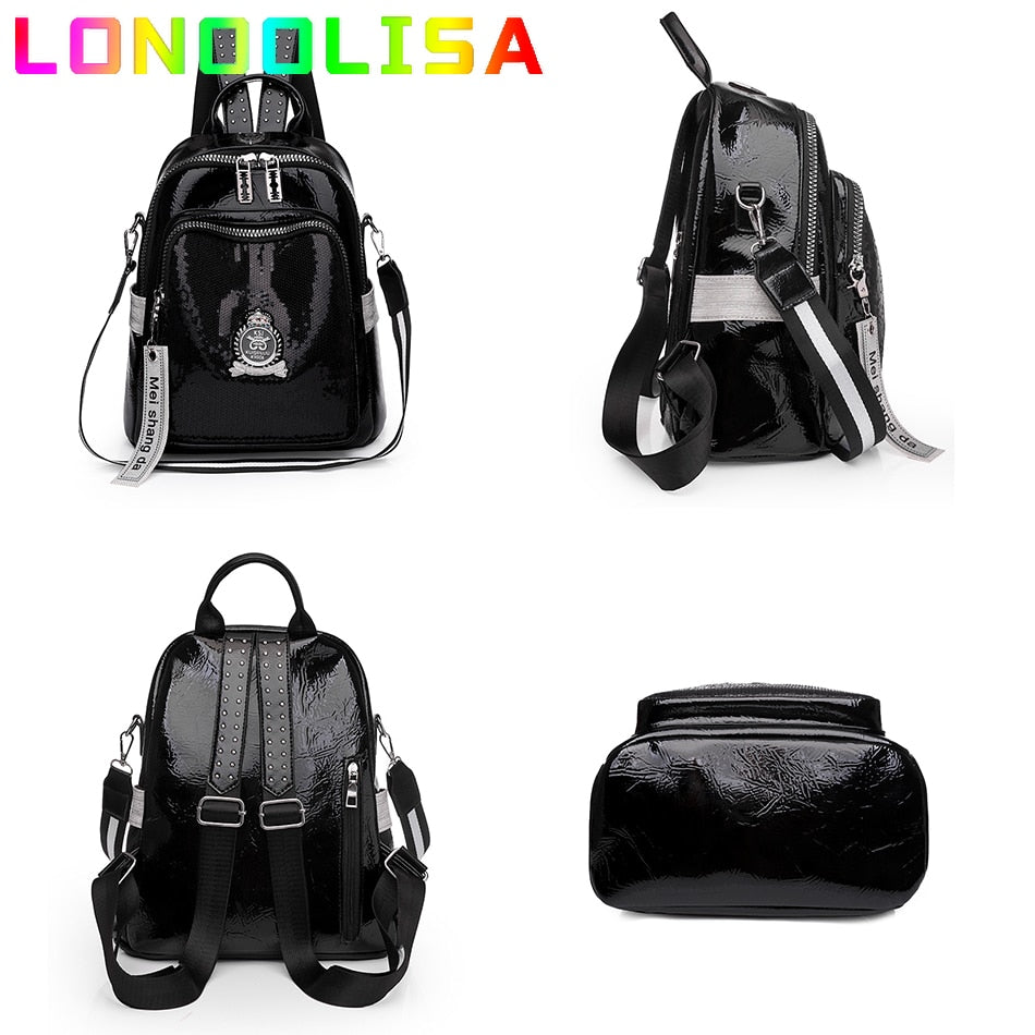 Fashion Sequins Women&#39;s Backpack High Quality Bookbag Soft Leather School Bags for Teenagers Girls 3 In 1 Ladies Travel Bagpacks - Executive-Skincare