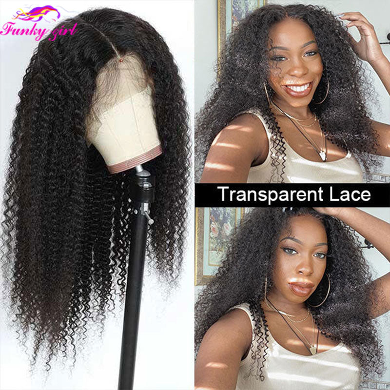 Kinky Curly Human Hair Lace Wig 5x1 T Part Wig Deep Curly Transparent Lace Part Wigs For Women 180% Density Brazilian Remy Hair - Executive-Skincare