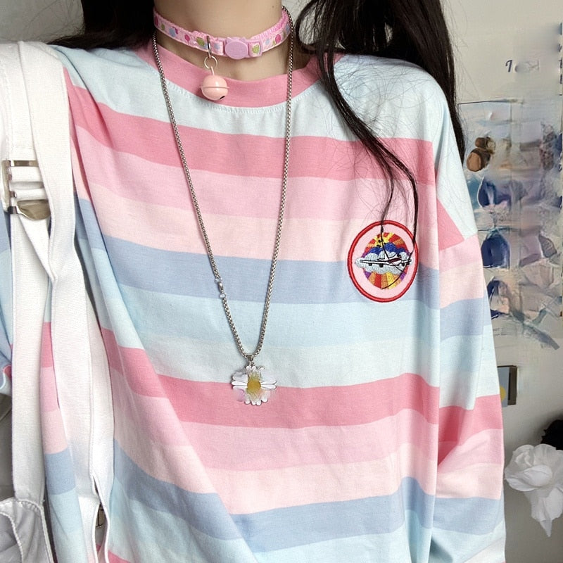 harajuku Long Sleeve T Shirt girl Christmas Topspring autumn embroidery stripe Tops Tees Women full Sleeve T-shirt Casual Female - Executive-Skincare