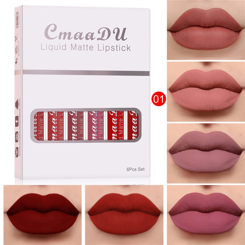 6 Colors/Set Fashion Matte Lip Gloss Sets Natural Moisturize Waterproof Lasting Velvet Sexy Red Liquid Lipstick Beauty Cosmetic - Executive-Skincare