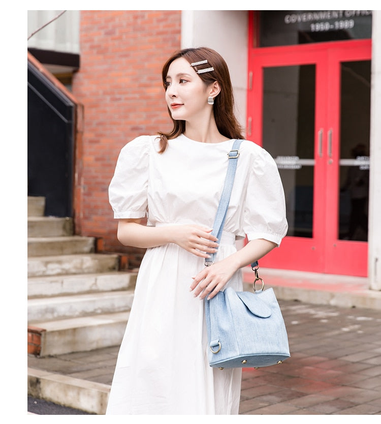 Casual Denim Bucket bag for women Shoulder Crossbody Bag Multiple pockets  ladies handbag Luxury design Female big Totes blue - Executive-Skincare