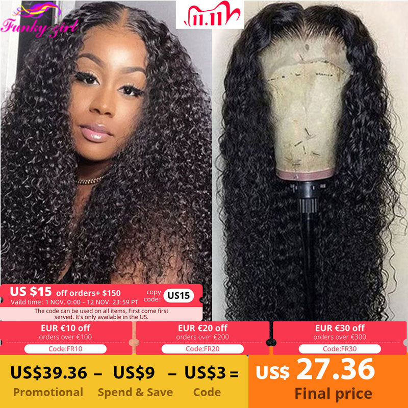 Kinky Curly Human Hair Lace Wig 5x1 T Part Wig Deep Curly Transparent Lace Part Wigs For Women 180% Density Brazilian Remy Hair - Executive-Skincare