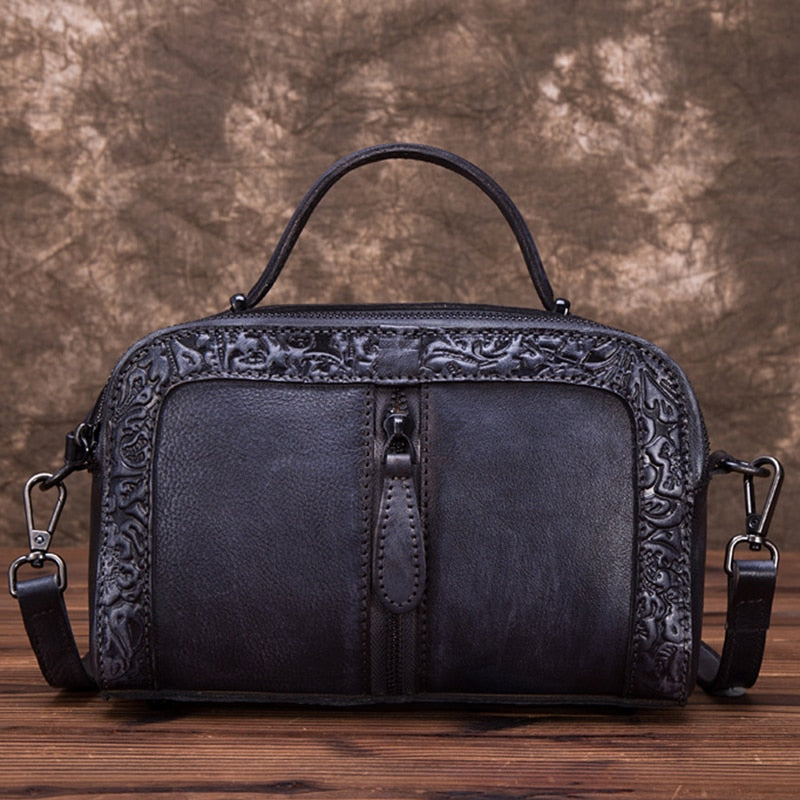 High Quality Genuine Leather Women Cowhide Top Handle Bags Vine Embossed Tote Handbag Vintage Crossbody Shoulder Messenger Bag - Executive-Skincare