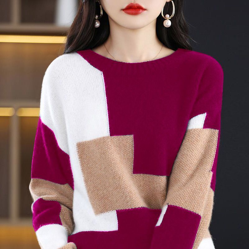 Knitted Blouse Female Pullovers Sweaters 2022 Autumn Winter Undercoat Color Blocking Jumpers Korean Long Sleeve Loose Round Neck - Executive-Skincare