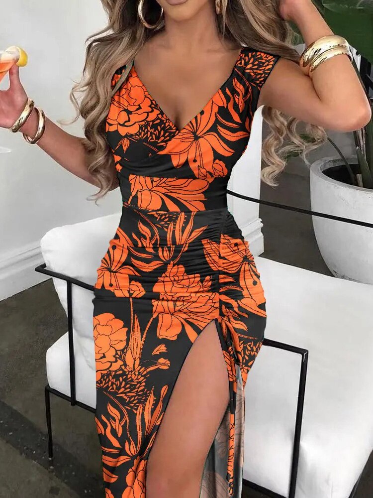 Patchwork Sexy Dress Women Summer Printed Sleeveless Ladies High Split Dress 2022 Hollow Out Elegant Holiday Streetwear Vestidos - Executive-Skincare