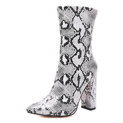 Autumn Winter Women Comfortable Ankle Boots Snake Print Pointed Toe Chunky Heel Multicolor Mid-calf Boots Woman Shoes - Executive-Skincare