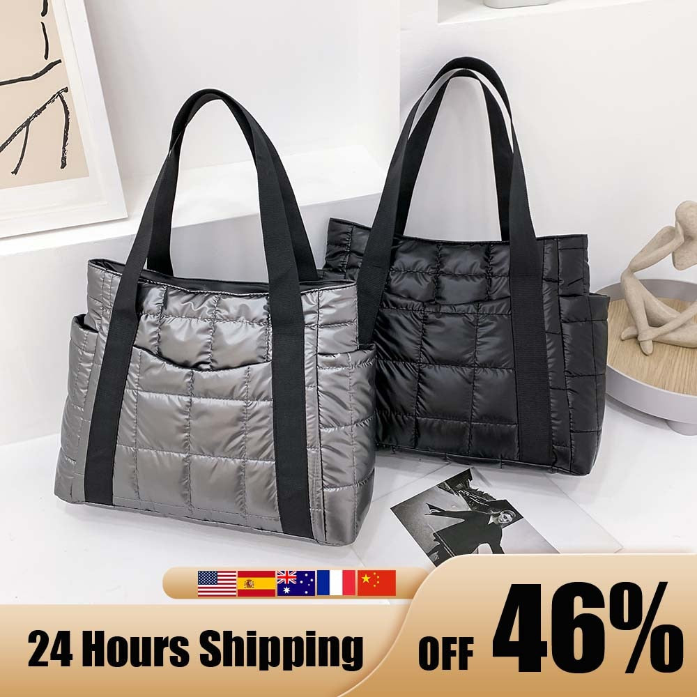 Autumn Winter Nylon Women Large Capacity Handbags Casual Quilted Lattice Shoulder Bags Female Solid Color Shopping Bags Tote - Executive-Skincare