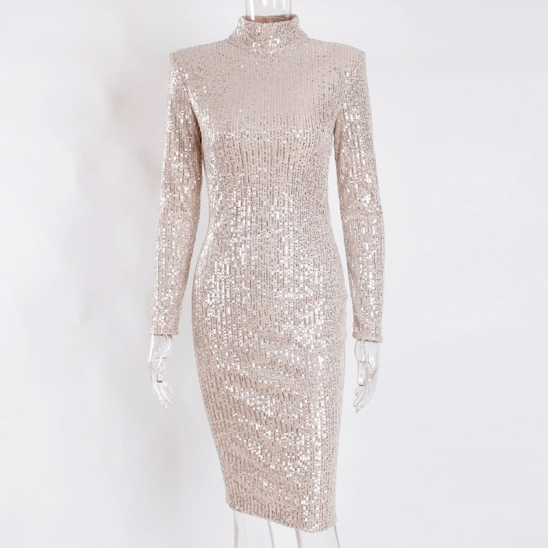 Sequined High Collar Midi Dress Elegant Long Sleeve Bodycon Tight Stretch Knee Length Party Dresses - Executive-Skincare