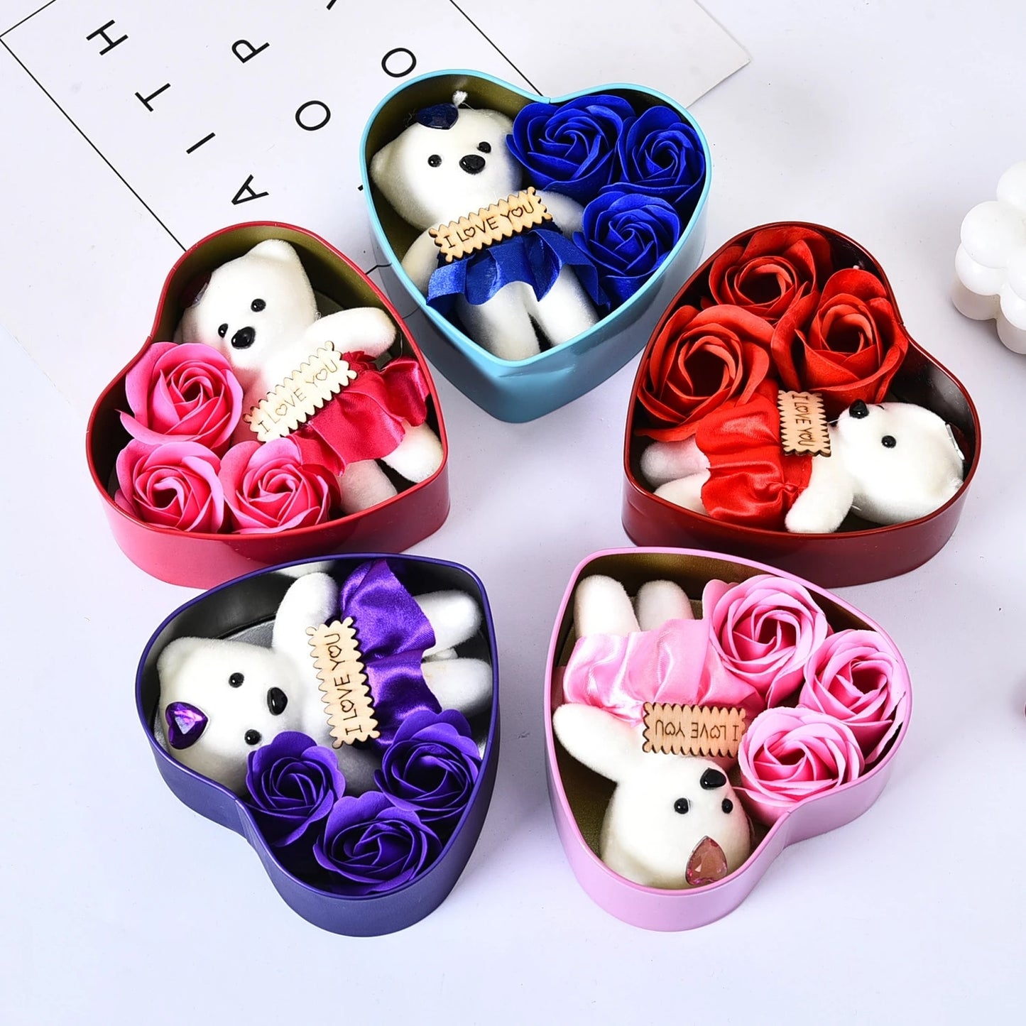 1pcs Heart-Shaped Artificial Rose Flowers Bear Gift Box Valentine Romantic Wedding Party For Girlfriend Wife Romantic Present - Executive-Skincare