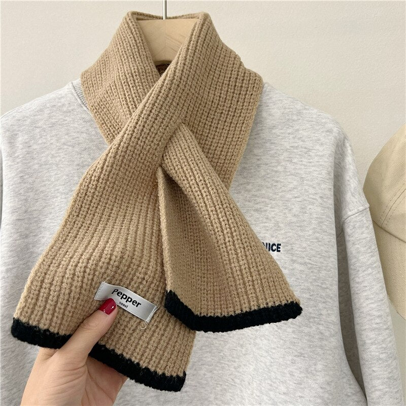 Korean Women Color Blocking College Style Wool Cross Knitted Scarf Female Winter Neck Protection Soft Windproof Warm Shawl V64 - Executive-Skincare