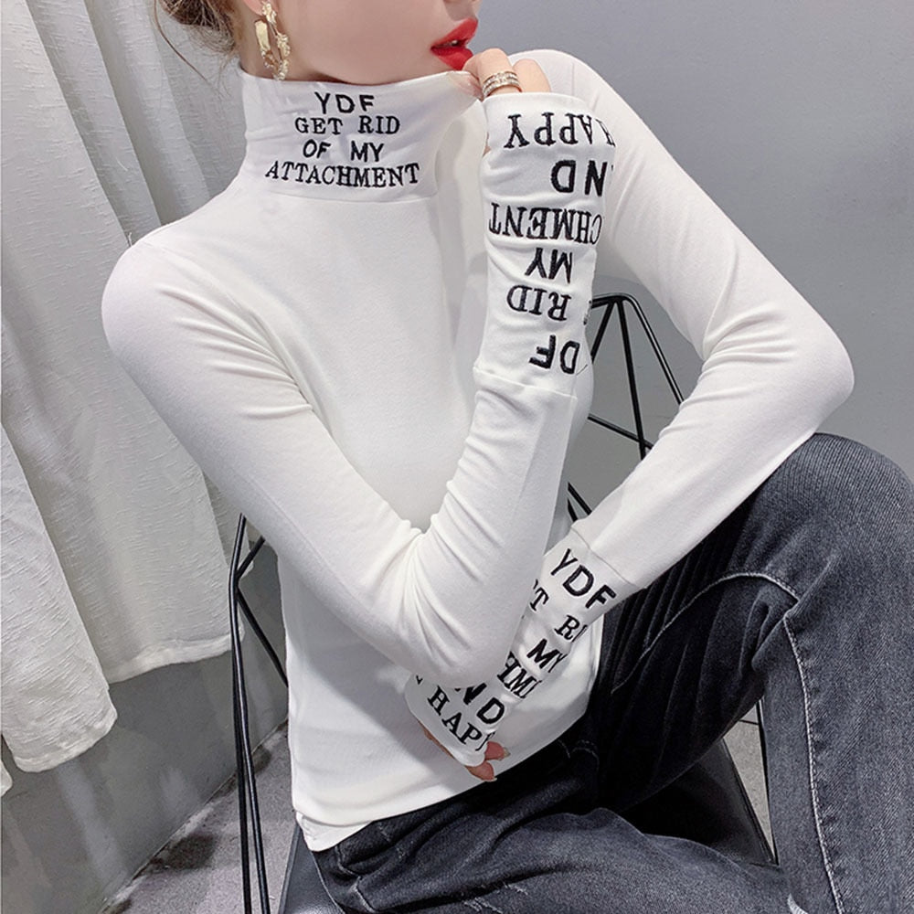 Black White Long Sleeve Tshirt Women Letters Printed T Shirt Femme Elastic Harajuku Tight Turtleneck T Shirt Woman Cotton - Executive Quality Store