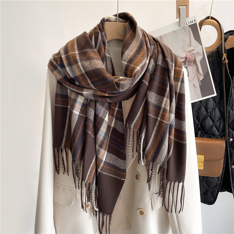 Luxury Brand Winter Plaid Women&#39;s Cashmere Scarf Warm Shawls and Wraps Thicked Wool Pashmina Female Blanket Scarves - Executive-Skincare