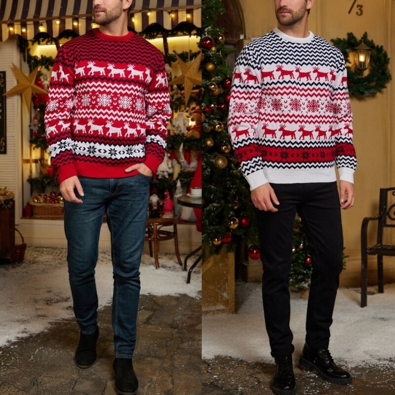 Women Men Christmas Sweater Reindeer Jacquard Knitwear Casual O-Neck Jumpers Top - Executive-Skincare