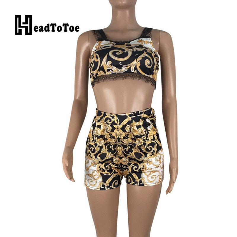 Fashion Print Cami Top &amp; Short Sets Summer 2 Piece Outfits for Women Sexy V Neck Thick Strap Crop Tops and High Waist Shorts Set - Executive Quality Store