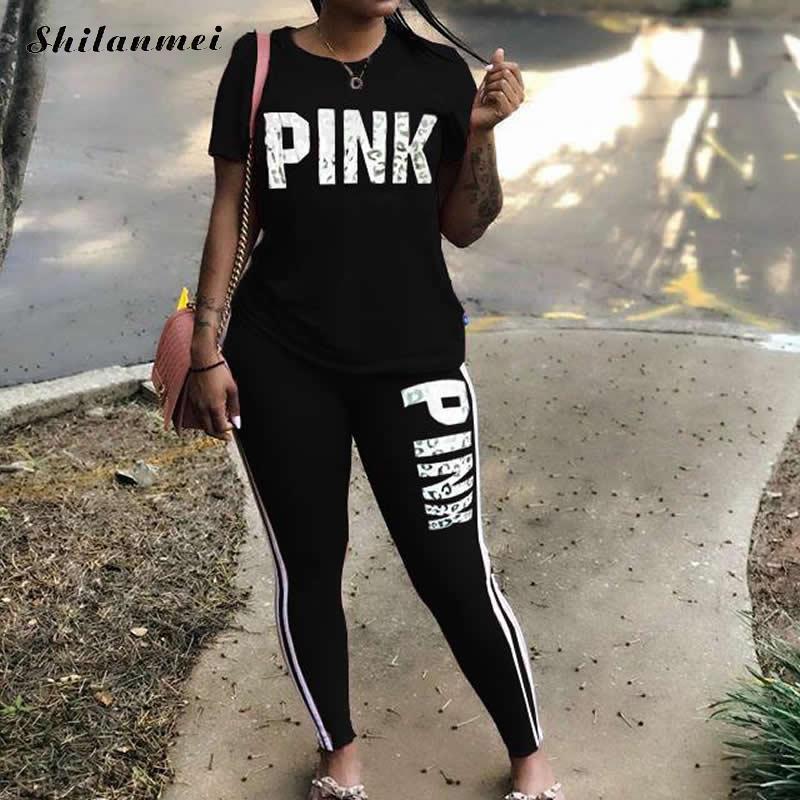 2022 New Tracksuit For Women Pink Letter Print Two Piece Sets Casual 2 PCS Outfits Short Sleeve T Shirt Pants Suits Matching Set - Executive Quality Store