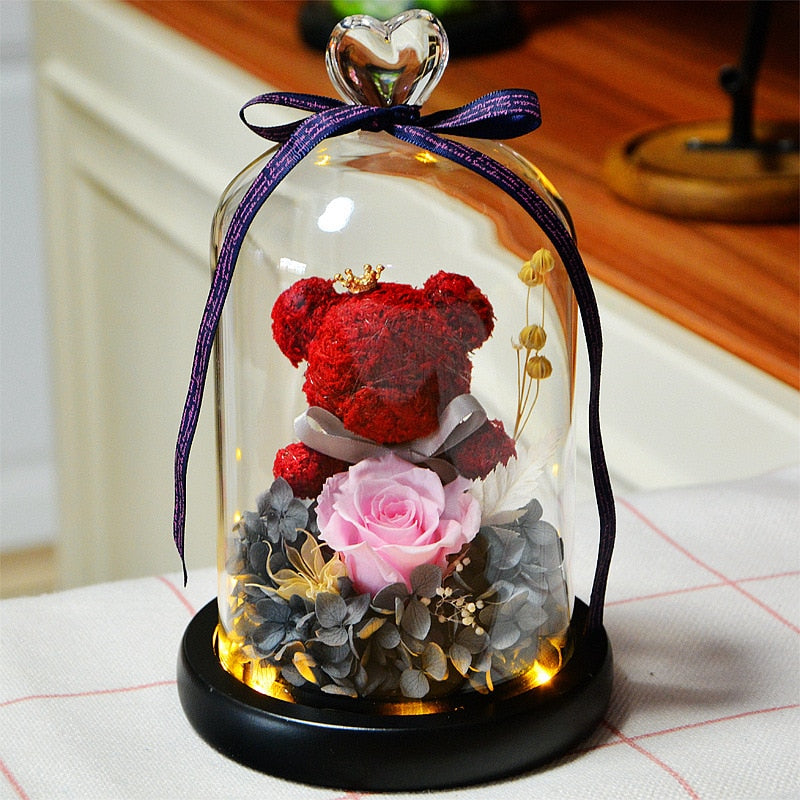 Lovely Eternal Flower Rose Bear Glass Cover with LED Light Valentine&#39;s Day Birthday Gift for Wife Girl Friend Mother Daughter - Executive-Skincare