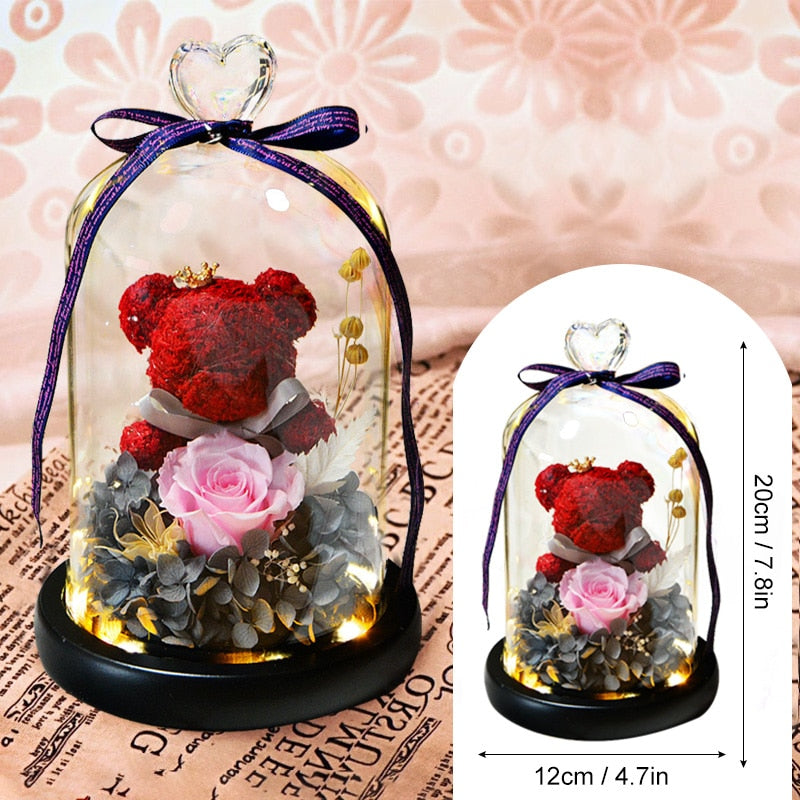 Lovely Eternal Flower Rose Bear Glass Cover with LED Light Valentine&#39;s Day Birthday Gift for Wife Girl Friend Mother Daughter - Executive-Skincare