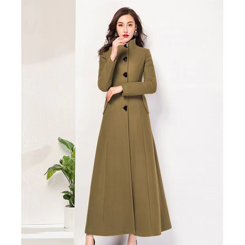 2021 Autumn And Winter Women&#39;s New Super Long Stand Collar Slim Waist Fashion Temperament Retro Triangle Buckle Woolen Coat - Executive-Skincare