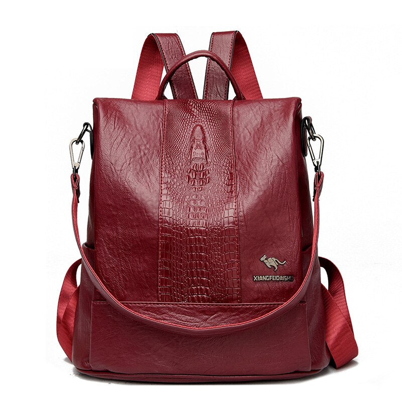 High Quality Soft Leather Ladies Backpack Fashion Crocodile Pattern Women&#39;s School Bag Solid Color Retro Casual Travel Backpacks - Executive-Skincare