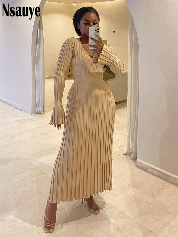 Nsauye Knitted Dresses For Women 2022 Autumn Winter Elegant Pleated Long Dresses Long Sleeve V Neck Casual Slim White Maxi Dress - Executive-Skincare