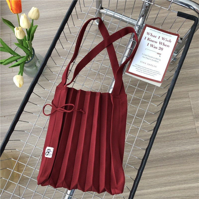 Female Wool Knitted Pleats Tote Organ Bag Designer Chic Stitching Contrast Korean Fashion Shoulder Shopper Handbag For Women - Executive-Skincare