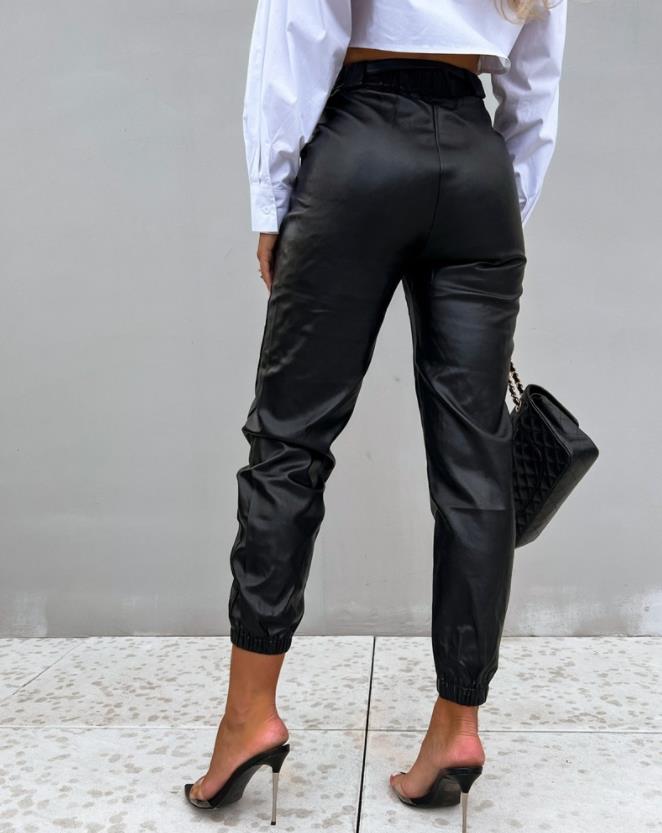 Pu Leather High Waist Cuffed Long Pants Casual Casual New Fashion Bottoms for Women 2022 New Female Clothes Trousers outfits - Executive-Skincare