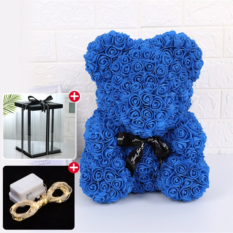 Rose Bear 25cm Artificial Flowers Rose Bear With Light Gift Box Girlfriend Anniversary Christmas Valentines Gift For Wedding - Executive-Skincare