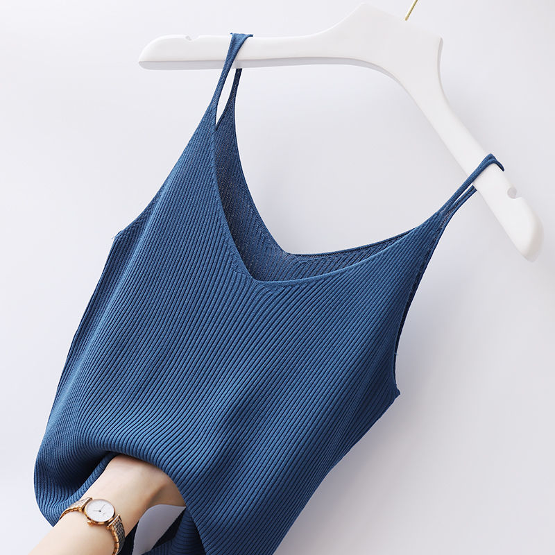 YEMOGGY Ice Silk Knit Camisole for Women Summer Tops 2022 New Solid V-Neck Skinny Elastic Knitted Suspender Camis Women&#39;s Tanks - Executive-Skincare