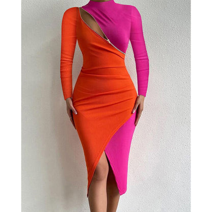 Sexy Women Colorblock Zip Detail Long Sleeve Bodycon Dress 2022 Autumn Party Long Dress Asymmetrical Midi Dress - Executive-Skincare